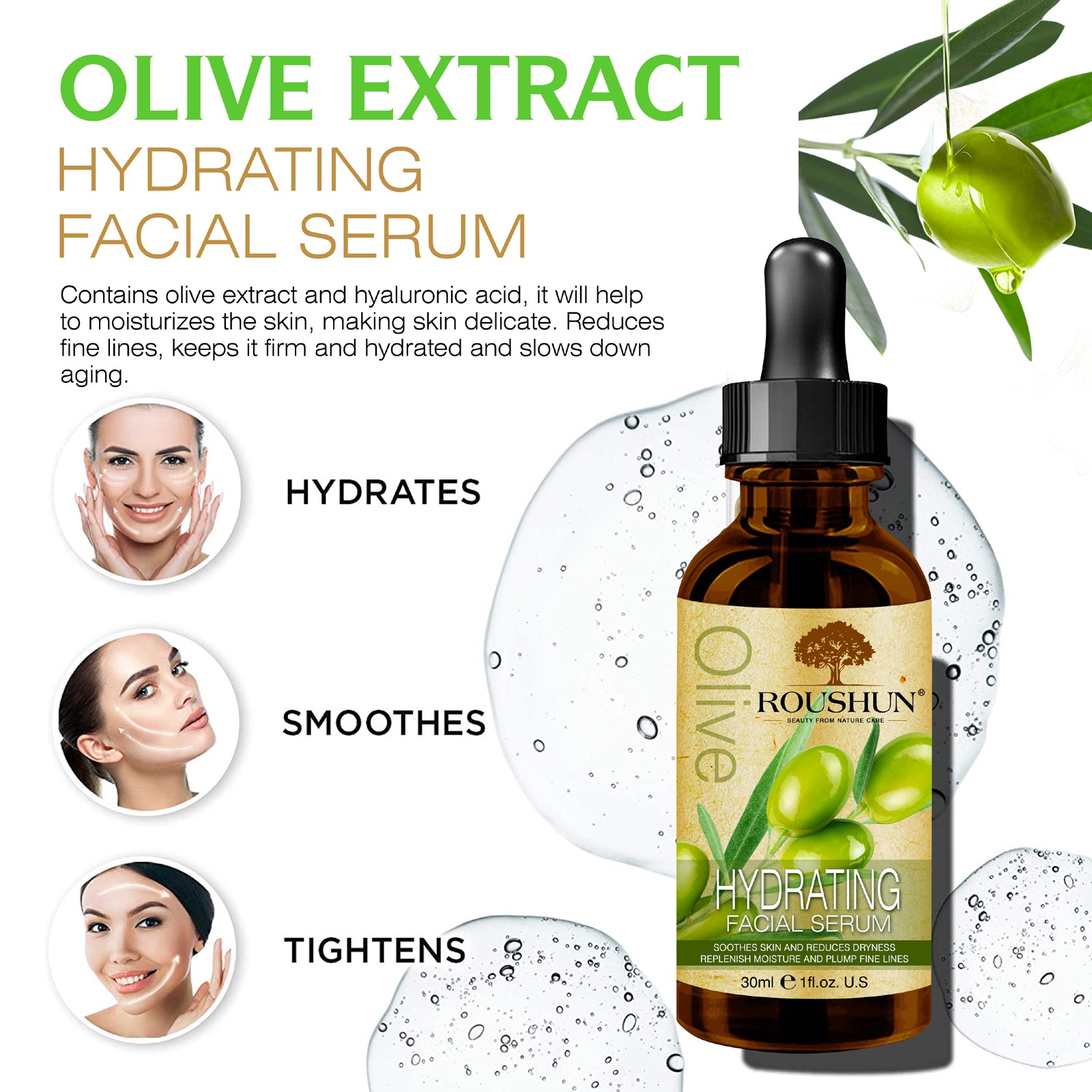 ROUSHUN Olive Hydrating Facial Serum Soothes Skin And Reduces Dryness Replenish Moisture 