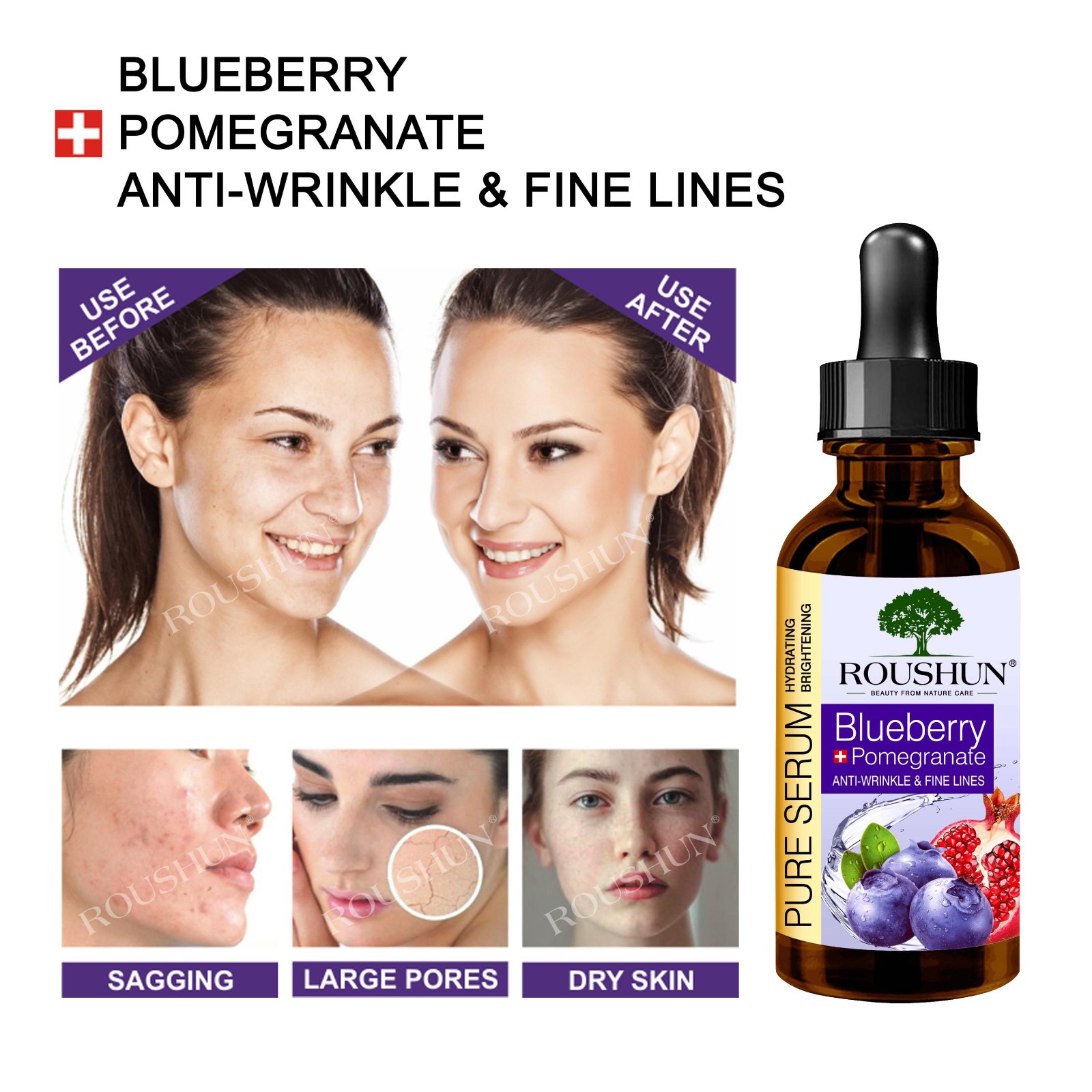 Roushun Pure Hydrating Brightening Anti-Wrinkle and Fine lines Moisturing  Blueberry Face Serum